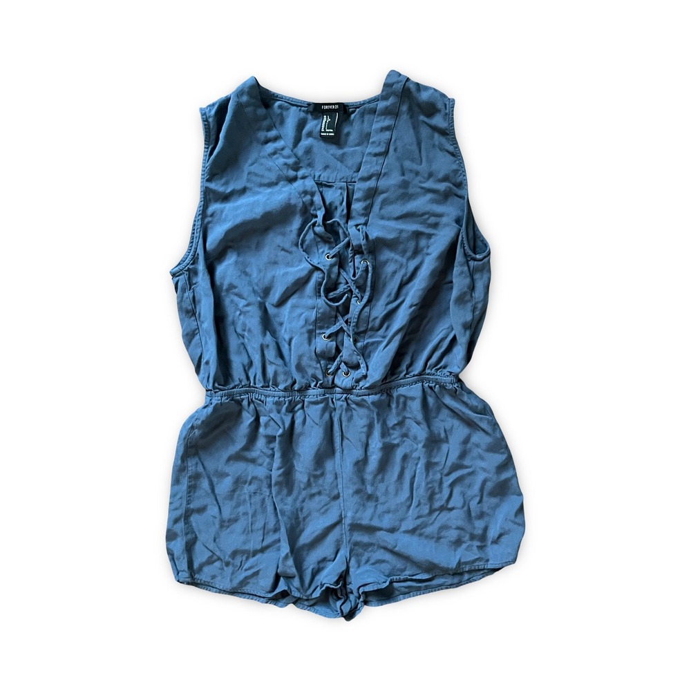 Forever 21 Women's Steel Blue Romper Jumpsuit Shorts Lace up Neck Size Large
